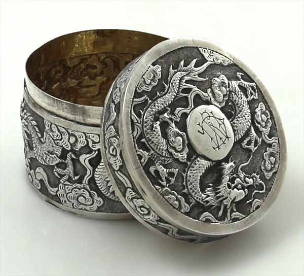 Chinese silver round box with dragons maker KK